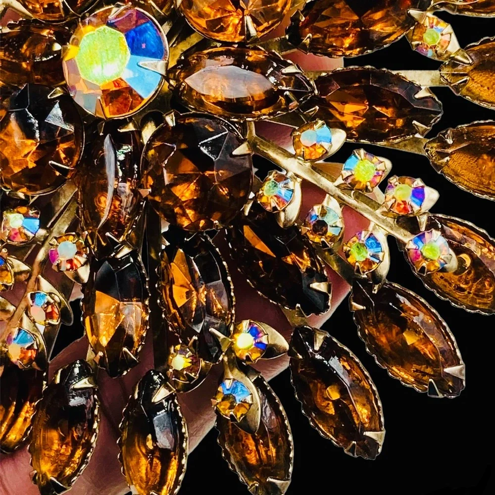 Stunning Huge Vintage Topaz and AB Rhinestone Brooch Earring Set